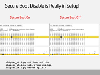 Attack 3: Via Image Verification Policies 
UEFI firmware has secure boot policies defining what it should do DENY, ALLOW, ...
