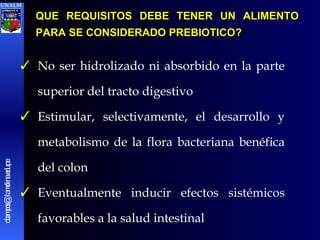 QUE REQUISITOS DEBE TENER UN ALIMENTO PARA SE CONSIDERADO PREBIOTICO? No ser hidrolizado ni absorbido en la parte superior del tracto digestivo Estimular, selectivamente, el desarrollo y metabolismo de la flora bacteriana benéfica del colon Eventualmente inducir efectos sistémicos favorables a la salud intestinal UNALM [email_address] 