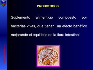 PROBIOTICOS Suplemento alimenticio compuesto por bacterias vivas, que tienen  un efecto benéfico mejorando el equilibrio de la flora intestinal  [email_address] 