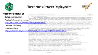 Bioschemas Dataset Deployment
Reactome dataset
• Status: in production
• Available from: view-source:
http://reactome.org/...