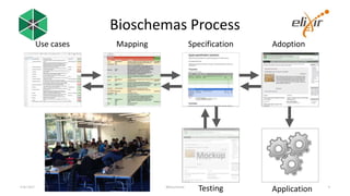 Mapping SpecificationUse cases
Mockup
Adoption
Testing Application
Bioschemas Process
4 Oct 2017 @bioschemas 9
 