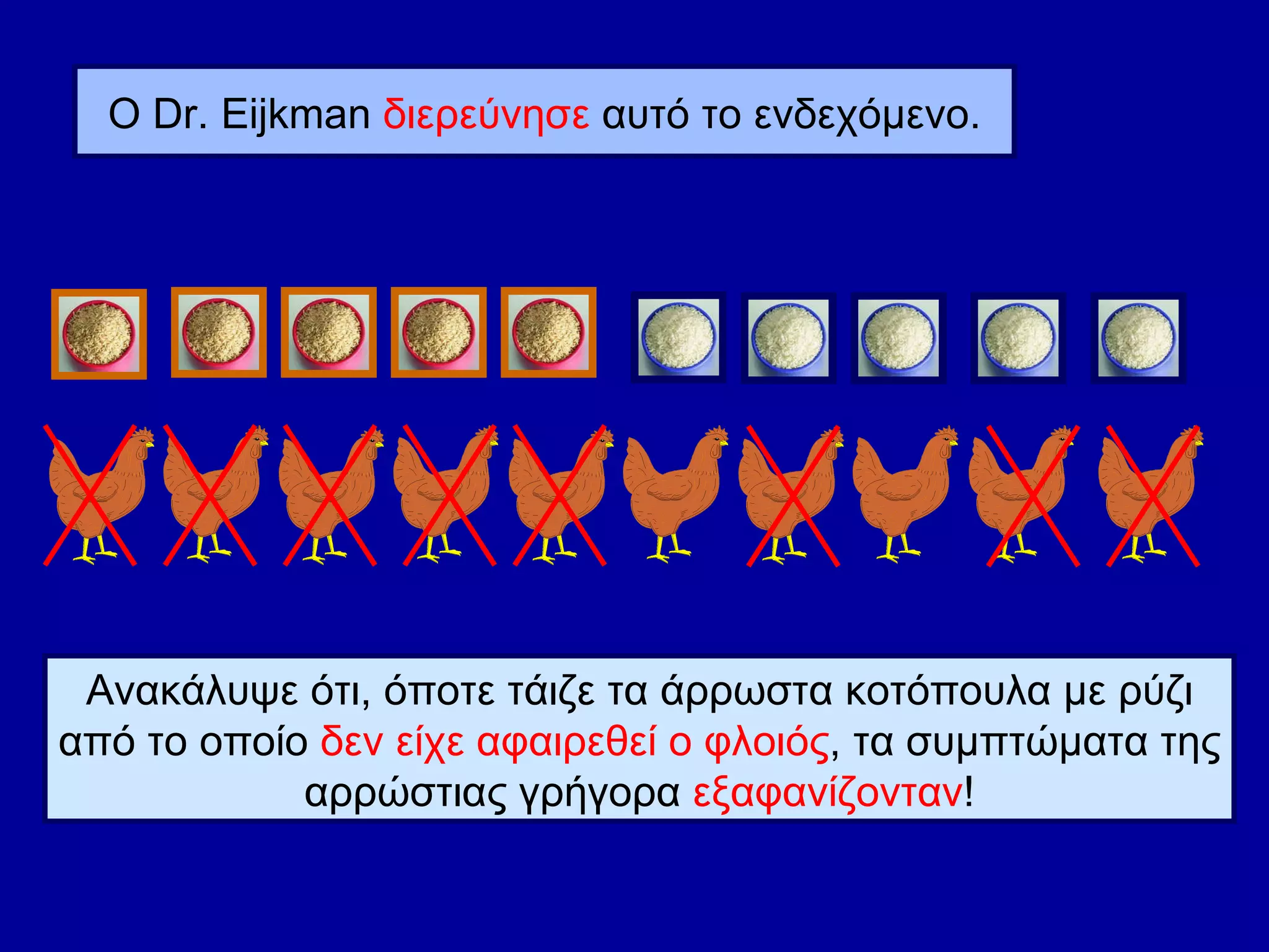 Ανακάλυψε ότι, όποτε τάιζε τα άρρωστα κοτόπουλα με ρύζι από το οποίο  δεν είχε αφαιρεθεί ο φλοιός , τα συμπτώματα της αρρώστιας γρήγορα   εξαφανίζονταν ! Ο Dr. Eijkman  διερεύνησε  αυτό το ενδεχόμενο. 