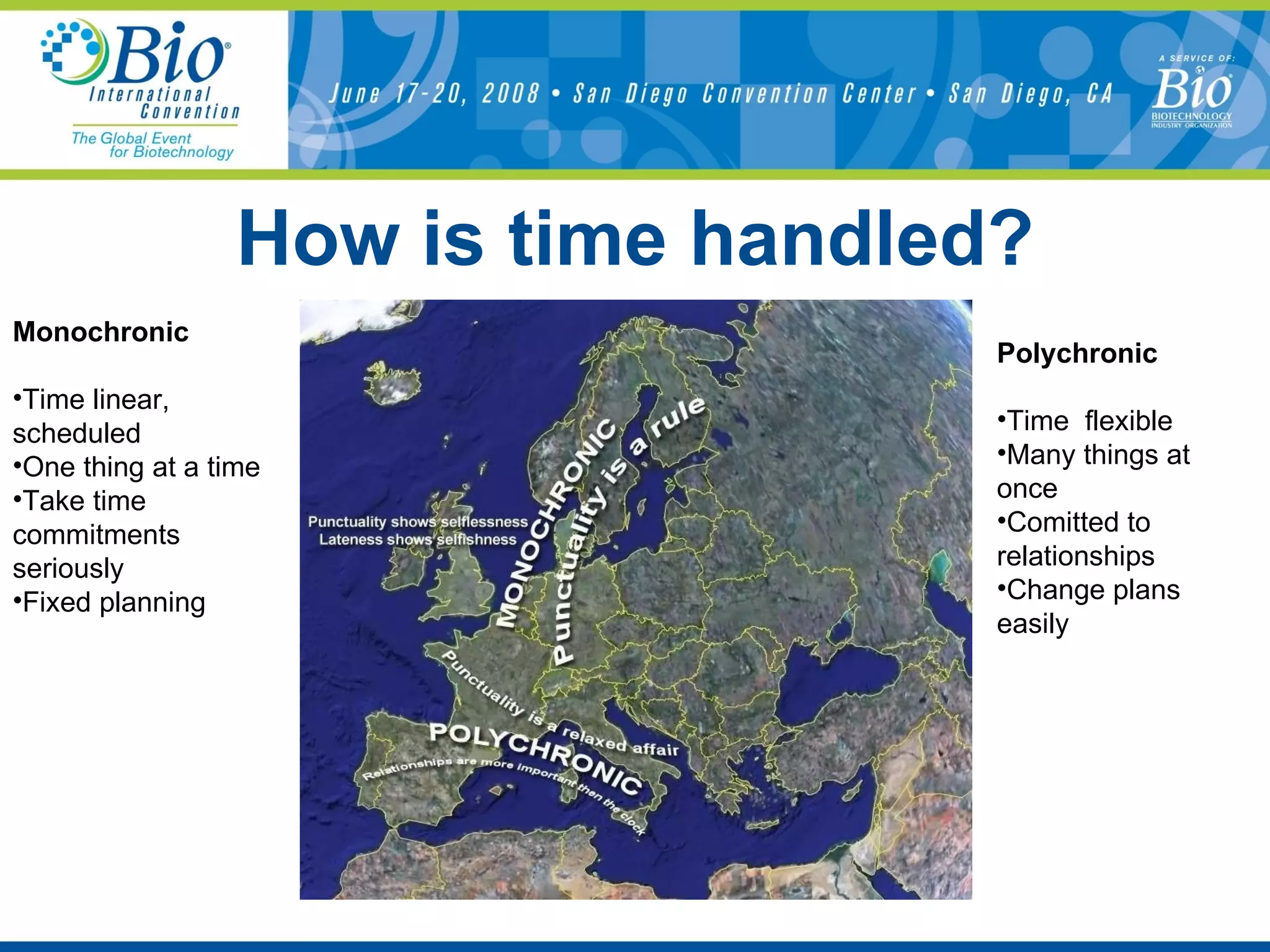 How is time handled? Monochronic Time linear, scheduled  One thing at a time Take time commitments seriously Fixed planning Polychronic Time  flexible Many things at once Comitted to relationships Change plans easily 