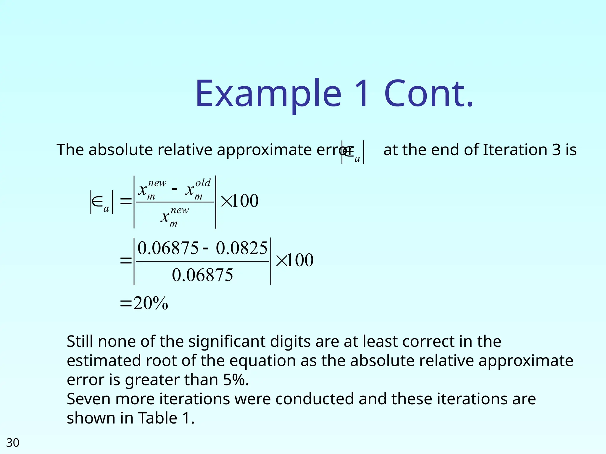 30
Example 1 Cont.
The absolute relative approximate error at the end of Iteration 3 is
a

%
20
100
06875
.
0
0825
.
0
06875
.
0
100







 new
m
old
m
new
m
a
x
x
x
Still none of the significant digits are at least correct in the
estimated root of the equation as the absolute relative approximate
error is greater than 5%.
Seven more iterations were conducted and these iterations are
shown in Table 1.
 