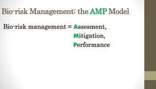 Bio-risk Management: the AMP Model
Bio-risk management = Assesment,
Mitigation,
Performance
 