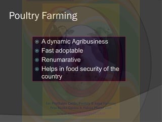 Poultry Farming
 A dynamic Agribusiness
 Fast adoptable
 Renumarative
 Helps in food security of the
country
 
