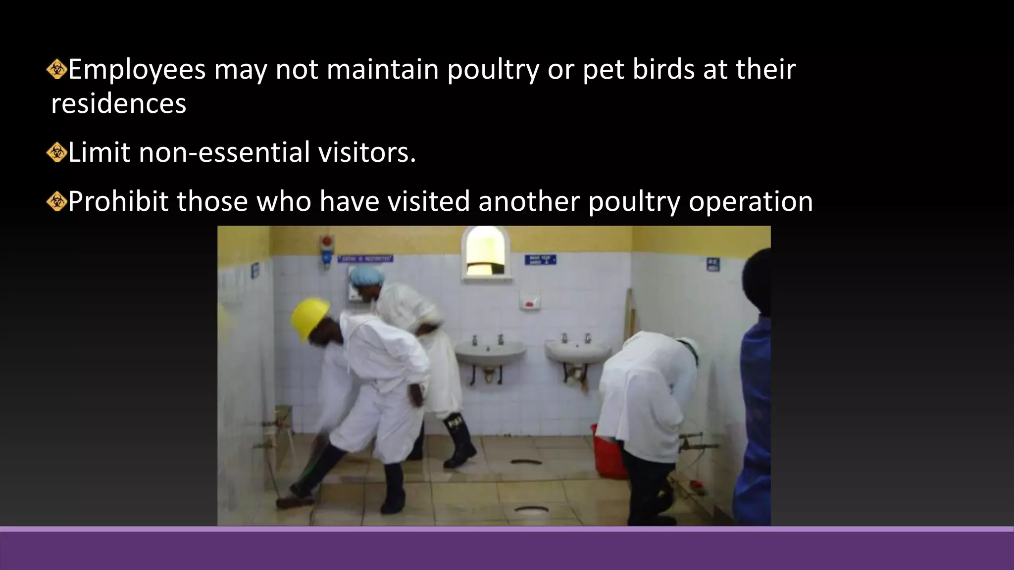 Employees may not maintain poultry or pet birds at their
residences
Limit non-essential visitors.
Prohibit those who have visited another poultry operation
 
