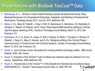 Presentations with BioSeek ToxCastTM Data
    Kleinstreuer, N. C., vEmbryo in silico models:Predicting vascular developmental toxicity, Wiley-
     Blackwell Symposium on Computational Embryology: Integration and Modeling of Developmental
     Mechanisms, Teratology Society 2012, June 25, 2012, Baltimore, MD.
    Wang, A., E.L. Berg, M. Polokoff, J. Yang; D. Reif, N. Kleinstreuer, S. Marinakos, A.R. Badireddy, S.
     Gangwal, C. Matson, M. Wiesner, and K. Houck. Nanomaterial (NM) bioactivity profiling by ToxCast
     high-throughput screening (HTS). Society of Toxicology Annual Meeting, March 12, 2012, San
     Francisco, CA.
    Kleinstreuer, N. C., K. Houck, R. Judson, D. Reif, P. Kothiya, M. Martin, T. Knudsen, A. Richard, M.
     Polokoff, J. Yang, E.L. Berg, R. Kavlock, and D. Dix. Biological profiling of the ToxCast Phase II
     Chemical Library in Primary Human Cell CoCulture Systems. Society of Toxicology Annual Meeting,
     March 12, 2012, San Francisco, CA.
    Houck, K., Use of primary human cell systems for creating predictive toxicology profiles. SBS Annual
     Meeting, 2009, Lille, France.
    Houck, K. Evaluation of the ToxCast™ suite of cellular and molecular assay for prediction of in vivo
     toxicity. GlobalChem, 2009, Baltimore, MD.
    Houck, K., Characteristics of the ToxCast™ In Vitro Datasets from Biochemical and Cellular Assays
     (EPA/ORD/NCCT). ToxCast™ Data Analysis Summit, May 14, 2009, RTP, NC.
12
 