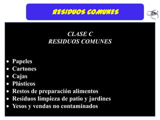 RESIDUOS COMUNES

                  CLASE C
             RESIDUOS COMUNES


Papeles
Cartones
Cajas
Plásticos
Restos de preparación alimentos
Residuos limpieza de patio y jardines
Yesos y vendas no contaminados
 