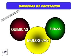 BARRERAS DE PROTECCION




QUIMICAS            FISICAS


       BIOLOGICAS
 