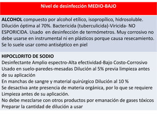 Nivel de desinfección MEDIO-BAJO
ALCOHOL compuesto por alcohol etílico, isopropílico, hidrosoluble.
Dilución óptima al 70%. Bactericida (tuberculicida)-Viricida- NO
ESPORICIDA. Usado en desinfección de termómetros. Muy corrosivo no
debe usarse en instrumental ni en plásticos porque causa resecamiento.
Se lo suele usar como antiséptico en piel
HIPOCLORITO DE SODIO
Desinfectante Amplio espectro-Alta efectividad-Bajo Costo-Corrosivo
Usado en suelo-paredes-mesadas Dilución al 5% previa limpieza antes
de su aplicación
En manchas de sangre y material quirúrgico Dilución al 10 %
Se desactiva ante presencia de materia orgánica, por lo que se requiere
Limpieza antes de su aplicación.
No debe mezclarse con otros productos por emanación de gases tóxicos
Preparar la cantidad de dilución a usar
 