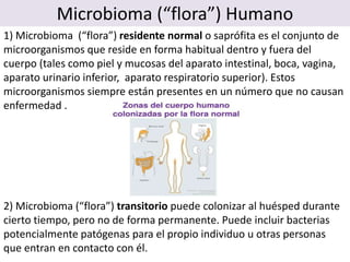 Microbioma (“flora”) Humano
1) Microbioma (“flora”) residente normal o saprófita es el conjunto de
microorganismos que reside en forma habitual dentro y fuera del
cuerpo (tales como piel y mucosas del aparato intestinal, boca, vagina,
aparato urinario inferior, aparato respiratorio superior). Estos
microorganismos siempre están presentes en un número que no causan
enfermedad .
2) Microbioma (“flora”) transitorio puede colonizar al huésped durante
cierto tiempo, pero no de forma permanente. Puede incluir bacterias
potencialmente patógenas para el propio individuo u otras personas
que entran en contacto con él.
 
