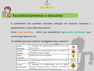 Os resíduos possuem container apropriados para o descarte:
Acondicionamentos e descartes
O acolhimento dos pacientes demanda utilização de inúmeros materiais e
equipamentos, muitos deles descartáveis.
Como fonte geradora, temos que providenciar sua correta destinação, que
começa logo após seu uso.
Grupo A
(infectantes)
A embalagem de acondicionamento deve ter cor: saco
branco leitoso.
Grupo B
(químicos)
A embalagem de acondicionamento deve ser a original ou
embalagem resistente a ruptura.
Grupo C
(radioativos)
Produzido pelo setor de radiologia.
Grupo D (comum) A embalagem de acondicionamento deve ter cor: saco azul
ou preto.
Grupo E
(perfurocortante)
A embalagem de acondicionamento deve ser rígida,
resistente à punctura, ruptura e vazamento, com tampa e
identificada. Após seu lacre envolvida em saco branco leitoso.
 