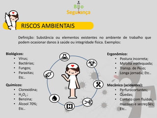 Definição: Substância ou elementos existentes no ambiente de trabalho que
podem ocasionar danos à saúde ou integridade física. Exemplos:
Biológicos:
• Vírus;
• Bactérias;
• Fungos;
• Parasitas;
Etc..
Ergonômico:
• Postura incorreta;
• Mobília inadequada;
• Transp. de Peso;
• Longa jornada; Etc..
Químicos:
• Clorexidina;
• H2O2 ;
• Benzina;
• Álcool 70%;
Etc..
Mecânico (acidentes):
• Perfurocortantes;
• Quedas;
• Contato com fluídos,
mucosas e secreções;
Etc..
RISCOS AMBIENTAIS
 