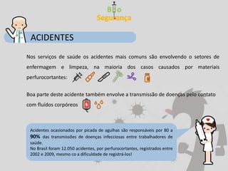 Nos serviços de saúde os acidentes mais comuns são envolvendo o setores de
enfermagem e limpeza, na maioria dos casos causados por materiais
perfurocortantes:
Boa parte deste acidente também envolve a transmissão de doenças pelo contato
com fluídos corpóreos
Acidentes ocasionados por picada de agulhas são responsáveis por 80 a
90% das transmissões de doenças infecciosas entre trabalhadores de
saúde.
No Brasil foram 12.050 acidentes, por perfurocortantes, registrados entre
2002 e 2009, mesmo co a dificuldade de registrá-los!
ACIDENTES
 