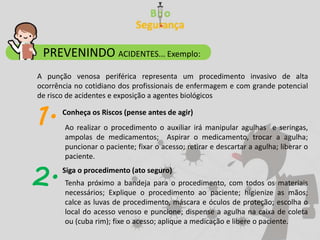 PREVENINDO ACIDENTES... Exemplo:
A punção venosa periférica representa um procedimento invasivo de alta
ocorrência no cotidiano dos profissionais de enfermagem e com grande potencial
de risco de acidentes e exposição a agentes biológicos
1. Conheça os Riscos (pense antes de agir)
Ao realizar o procedimento o auxiliar irá manipular agulhas e seringas,
ampolas de medicamentos; Aspirar o medicamento, trocar a agulha;
puncionar o paciente; fixar o acesso; retirar e descartar a agulha; liberar o
paciente.
2. Siga o procedimento (ato seguro)
Tenha próximo a bandeja para o procedimento, com todos os materiais
necessários; Explique o procedimento ao paciente; higienize as mãos;
calce as luvas de procedimento, máscara e óculos de proteção; escolha o
local do acesso venoso e puncione; dispense a agulha na caixa de coleta
ou (cuba rim); fixe o acesso; aplique a medicação e libere o paciente.
 