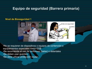Equipo de seguridad (Barrera primaria)
10
Nivel de Bioseguridad 1
•No se requieren de dispositivos o equipos de contención o
equipamientos especiales como GSB
•Se recomienda el uso de uniformes (batas) o delantales
•Se deben usar guantes
•Se debe utilizar protección ocular
 
