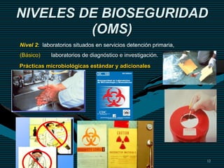 NIVELES DE BIOSEGURIDAD
(OMS)
12
Nivel 2: laboratorios situados en servicios detención primaria,
(Básico) laboratorios de diagnóstico e investigación.
Prácticas microbiológicas estándar y adicionales
 