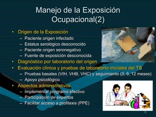 31
Manejo de la Exposición
Ocupacional(2)
• Origen de la Exposición
– Paciente origen infectado
– Estatus serológico desconocido
– Paciente origen seronegativo
– Fuente de exposición desconocida
• Diagnóstico por laboratorio del origen
• Evaluación clínica y pruebas de laboratorio iniciales del TS
– Pruebas basales (VIH, VHB, VHC) y seguimiento (3, 6, 12 meses)
– Apoyo psicológico
• Aspectos administrativos
– Implementar programa efectivo
– Participación de expertos
– Facilitar acceso a profilaxis (PPE)
 