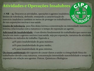 Atividades e Operações Insalubres
-A NR – 15, Descreve as atividades, operações e agentes insalubres,
limites de tolerância, definido, ensejando a caracterização do
exercício insalubre e também os meios de proteger os trabalhadores
de tais exposições nocivas á sua saúde.
Limite de tolerância, para fins desta norma a concentração ou intensidade máxima ou
mínima relacionadas com a natureza e o tempo de exposição ao agente.
Adicional de insalubridade - é um direito fundamental do trabalhador que exerce sua
função em meio a agentes nocivos á sua saúde, seja por exposição, natureza da atividade,
condições ou métodos de trabalho: Equivale a:
40% para insalubridade de grau máximo;
20% para insalubridade de grau médio;
10% para insalubridade de grau mínimo.
Os riscos ambientais são capazes de causar danos a saúde e a integridade física do
trabalhador devido a sua natureza, concentração intensidade suscetibilidade e tempo de
exposição em relação aos agentes: Físicos, Químicos e Biológicos
 