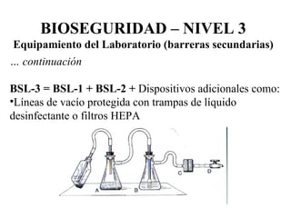 …  continuación BSL-3 = BSL-1 + BSL-2 +  Dispositivos adicionales como: Líneas de vacío protegida con trampas de líquido desinfectante o filtros HEPA BIOSEGURIDAD – NIVEL 3 Equipamiento del Laboratorio (barreras secundarias) 