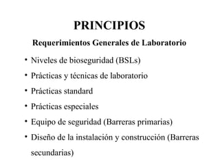 Niveles de bioseguridad (BSLs) Prácticas y técnicas de laboratorio Prácticas standard Prácticas especiales Equipo de seguridad (Barreras primarias) Diseño de la instalación y construcción (Barreras secundarias) PRINCIPIOS Requerimientos Generales de Laboratorio 
