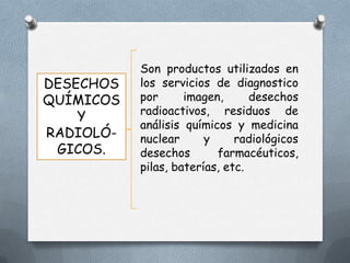 DESECHOS
QUÍMICOS
Y
RADIOLÓGICOS.

Son productos utilizados en
los servicios de diagnostico
por
imagen,
desechos
radioactivos, residuos de
análisis químicos y medicina
nuclear
y
radiológicos
desechos
farmacéuticos,
pilas, baterías, etc.

 