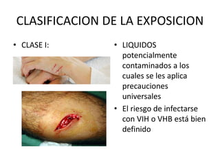 CLASIFICACION DE LA EXPOSICION
• CLASE I: • LIQUIDOS
potencialmente
contaminados a los
cuales se les aplica
precauciones
universales
• El riesgo de infectarse
con VIH o VHB está bien
definido
 