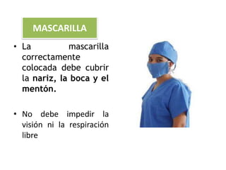 MASCARILLA
• La mascarilla
correctamente
colocada debe cubrir
la nariz, la boca y el
mentón.
• No debe impedir la
visión ni la respiración
libre
 
