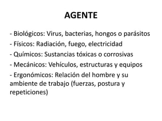 AGENTE
- Biológicos: Virus, bacterias, hongos o parásitos
- Físicos: Radiación, fuego, electricidad
- Químicos: Sustancias tóxicas o corrosivas
- Mecánicos: Vehículos, estructuras y equipos
- Ergonómicos: Relación del hombre y su
ambiente de trabajo (fuerzas, postura y
repeticiones)
 