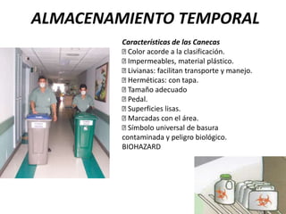 ALMACENAMIENTO TEMPORAL
Características de las Canecas
Color acorde a la clasificación.
Impermeables, material plástico.
Livianas: facilitan transporte y manejo.
Herméticas: con tapa.
Tamaño adecuado
Pedal.
Superficies lisas.
Marcadas con el área.
Símbolo universal de basura
contaminada y peligro biológico.
BIOHAZARD
 