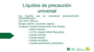 Líquidos de precaución
universal
Los líquidos que se consideran potencialmente
infectantes para
VIH, HVC, HB son:
Sangre, semen, secreción vaginal.
Cualquier Líquido Contaminado Con Sangre:
- Leche materna
- L.C.R.( Liquido Céfalo Raquídeo)
- Líquido sinovial
- Líquido pleural
- Líquido amniótico
- Líquidos peritoneal y pericárdico.
 