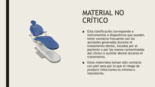 MATERIAL NO
CRÍTICO
■ Esta clasificación corresponde a
instrumentos o dispositivos que pueden
tener contacto frecuente con los
aerosoles generados durante el
tratamiento dental, tocados por el
paciente o por las manos contaminadas
del clínico o auxiliar dental durante el
tratamiento.
■ Estos materiales toman sólo contacto
con piel sana por lo que el riesgo de
producir infecciones es mínimo o
inexistente.
 