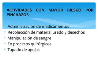 ACTIVIDADES CON MAYOR RIESGO POR
    PINCHAZOS

∗   Administración de medicamentos
∗   Recolección de material usado y desechos
∗   Manipulación de sangre
∗   En procesos quirúrgicos
∗   Tapado de agujas
 