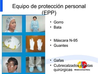 Equipo de protección personal (EPP) Gorro Bata Máscara N-95 Guantes Gafas Cubrecalzados o botas quirúrgicas 