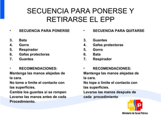 SECUENCIA PARA PONERSE Y RETIRARSE EL EPP SECUENCIA PARA PONERSE Bata Gorro Respirador Gafas protectoras Guantes RECOMENDACIONES: Mantenga las manos alejadas de  la cara. No tome o limite el contacto con  las superficies. Cambie los guantes si se rompen  Lavarse las manos antes de cada  Procedimiento. SECUENCIA PARA QUITARSE Guantes Gafas protectoras Gorro Bata Respirador RECOMENDACIONES: Mantenga las manos alejadas de  la cara. No tope o limite el contacto con  las superficies. Lavarse las manos después de  cada  procedimiento 