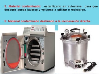  3. Material contaminado: esterilizarlo en autoclave para que
después pueda lavarse y volverse a utilizar o reciclarse.
 5. Material contaminado destinado a la incineración directa.
 