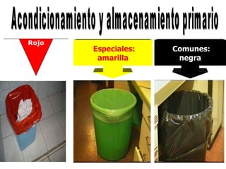 Acondicionamiento y almacenamiento primario Biocontaminados: Rojo Especiales: amarilla Comunes: negra 