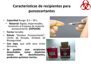 Características de recipientes para punzocortantes Capacidad  Rango: 0.5 – 20 L. Material:  Rígido, impermeable, resistente al traspaso de material punzocortante.  (ESPESOR) Forma  Variable Rótulo  “Residuo Punzocortante”, Límite de llenado, Símbolo de Bioseguridad. Con tapa , que selle para evitar derrames. Se pueden usar recipientes desechables como depósitos vacíos de desinfectantes, productos químicos inertes. 