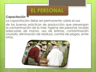 EL PERSONAL
Capacitación
La capacitación debe ser permanente, sobre el uso
de las buenas prácticas de producción que prevengan
la contaminación de la miel, higiene del personal, lavado
adecuado de manos, uso de letrinas, contaminación
cruzada, eliminación de residuos, control de plagas, entre
otras.

 