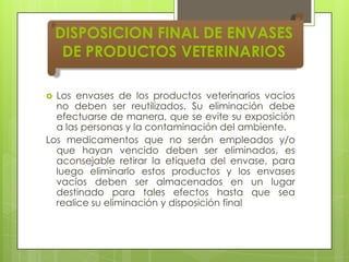 DISPOSICION FINAL DE ENVASES
DE PRODUCTOS VETERINARIOS
Los envases de los productos veterinarios vacíos
no deben ser reutilizados. Su eliminación debe
efectuarse de manera, que se evite su exposición
a las personas y la contaminación del ambiente.
Los medicamentos que no serán empleados y/o
que hayan vencido deben ser eliminados, es
aconsejable retirar la etiqueta del envase, para
luego eliminarlo estos productos y los envases
vacíos deben ser almacenados en un lugar
destinado para tales efectos hasta que sea
realice su eliminación y disposición final


 