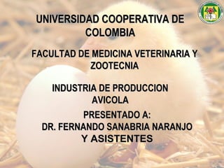 UNIVERSIDAD COOPERATIVA DEUNIVERSIDAD COOPERATIVA DE
COLOMBIACOLOMBIA
FACULTAD DE MEDICINA VETERINARIA YFACULTAD DE MEDICINA VETERINARIA Y
ZOOTECNIAZOOTECNIA
INDUSTRIA DE PRODUCCIONINDUSTRIA DE PRODUCCION
AVICOLAAVICOLA
PRESENTADO A:PRESENTADO A:
DR. FERNANDO SANABRIA NARANJODR. FERNANDO SANABRIA NARANJO
Y ASISTENTESY ASISTENTES
 