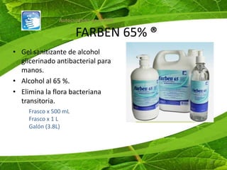 Autocuidado de la Piel

                       FARBEN 65% ®
• Gel sanitizante de alcohol
  glicerinado antibacterial para
  manos.
• Alcohol al 65 %.
• Elimina la flora bacteriana
  transitoria.
     Frasco x 500 mL
     Frasco x 1 L
     Galón (3.8L)




                                         21
 