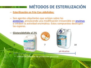 Qué tener en cuenta en
                            un Glutaraldheído?


•   Su concentración
•   Su tiempo de acción
•   Su ficha técnica y seguridad
•   Modo de empleo
•   pH
•   Su durabilidad
•   Su sustento científico
 