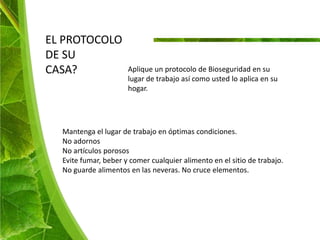 EL PROTOCOLO
DE SU
CASA?                 Aplique un protocolo de Bioseguridad en su
                      lugar de trabajo así como usted lo aplica en su
                      hogar.




  Mantenga el lugar de trabajo en óptimas condiciones.
  No adornos
  No artículos porosos
  Evite fumar, beber y comer cualquier alimento en el sitio de trabajo.
  No guarde alimentos en las neveras. No cruce elementos.
 