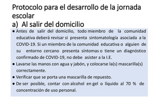 Protocolo para el desarrollo de la jornada
escolar
a) Al salir del domicilio
● Antes de salir del domicilio, todo miembro de la comunidad
educativa deberá revisar si presenta sintomatología asociada a la
COVID-19. Si un miembro de la comunidad educativa o alguien de
su entorno cercano presenta síntomas o tiene un diagnóstico
confirmado de COVID-19, no debe asister a la I.E.
● Lavarse las manos con agua y jabón, y colocarse la(s) mascarilla(s)
correctamente.
● Verificar que se porta una mascarilla de repuesto.
● De ser posible, contar con alcohol en gel o líquido al 70 % de
concentración de uso personal.
 