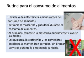 Rutina para el consumo de alimentos
• Lavarse o desinfectarse las manos antes del
consumo de alimentos.
• Retirarse la mascarilla y guardarla durante el
consumo de alimentos.
• Al culminar, colocarse la mascarilla nuevamente y lavarse
las manos.
• Los quioscos, las cafeterías y los comedores
escolares se mantendrán cerrados, sin brindar
servicios durante la emergencia sanitaria.
 