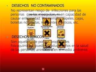 

DESECHOS NO CONTAMINADOS
No representan riesgo de infecciones para las
personas que los manipulan, ni en capacidad de
causar enfermedad. Por ejemplo; papeles, cajas,
botellas no usadas, recipientes plásticos, etc.
DESECHOS TOXICOS
Son aquellos que por sus propiedades
ﬁsicoquímicas, pueden producir daños en la salud
de las personas, animales o en el medio ambiente.
 