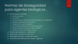 Normas de bioseguridad 
para agentes biológicos.. 
 Precauciones universales 
 Lavado de manos 
 Uso de EPP 
 Uso de insumos y material de limpieza, desinfección y esterilización 
 Limpieza y desinfección de superficies 
 Transporte de muestras biológicas 
 Evitar lesiones dérmicas en los miembros superiores. 
 Manejo adecuado de residuos sólidos y líquidos 
 Manejo de ropa contaminada y/o sucia 
 Sistemas de ventilación y calefacción 
 Delimitación de áreas en el servicio 
 Simbología de riesgo y código de colores 
 Protocolos estandarizado de manejo y vigilancia 
6 
 