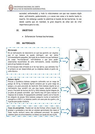 UNIVERSIDAD NACIONAL DEL SANTA
FACULTAD DE INGENIERÍA AGROINDUSTRIAL
suciedad, enfermedad, y todo lo relacionamos con que nos causara algún
dolor, sufrimiento, padecimiento, y a veces nos viene a la mente hasta la
muerte. Sin embargo cuando te adentras al mundo de las bacterias, te vas
dando cuenta que en realidad, la gran mayoría de ellas son de vital
importancia para la vida.
II. OBJETIVO
 Diferenciar formas bacterianas.
III. MATERIALES
Microscopio
Es un instrumento de laboratorio el cual nos permite ver objetos
que el ojo humano no puede distinguir, por ser estos
extremadamente pequeños. Derivado de su nombre es que hablamos
de cosas "microscópicas", refiriéndonos a que para poder
observarlas necesitamos de este instrumento, siendo invisibles
para el ojo humano sin ayuda.
El microscopio más utilizado es el de tipo óptico, que asimismo fue
el primero en ser desarrollado por su simpleza desde el punto de
vista técnico.
Balanza digital
Precisa y económica balanza compacta calibrable con un rango de
pesaje de 10 kg, la balanza digital convence por su gran rango de
pesaje y su gran precisión de medición. Esta balanza digital es un
instrumento muy versátil con una muy buena relación calidad /
precio. Precisión de lectura de 0,2 g. Esta balanza digital dispone de
un plato de pesado extraíble que resulta muy útil para realizar la
limpieza de la misma. El equipamiento estándar cuenta con la función
de cómputo de piezas. Esta balanza compacta recibe el suministro
energético a 230 V. La balanza cuenta con unos pies de ajuste y de
fijación para poder nivelarla.
Vasos de precipitado. Pueden ser de dos formas: altos o bajos. Sin
graduar o graduados y nos dan un volumen aproximado (los vasos al
tener mucha anchura nunca dan volúmenes precisos). Se pueden
calentar (pero no directamente a la llama) con ayuda de una rejilla.
 